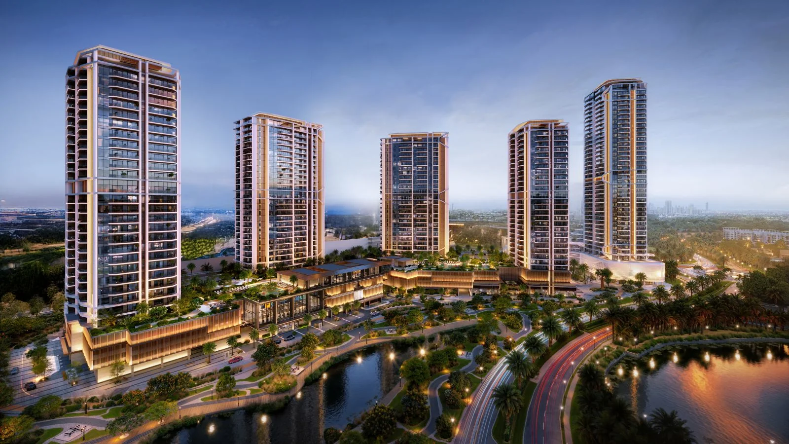 Eltiera Views — residential towers surrounded by the greenery and water of Jumeirah Islands