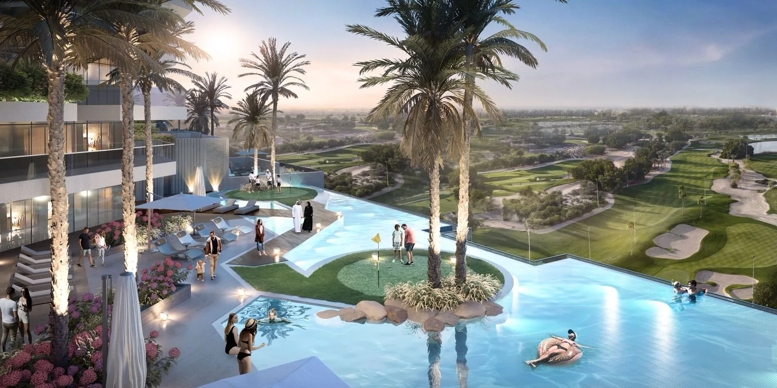 Golf Greens — infinity pool with palms and golf course view at sunset