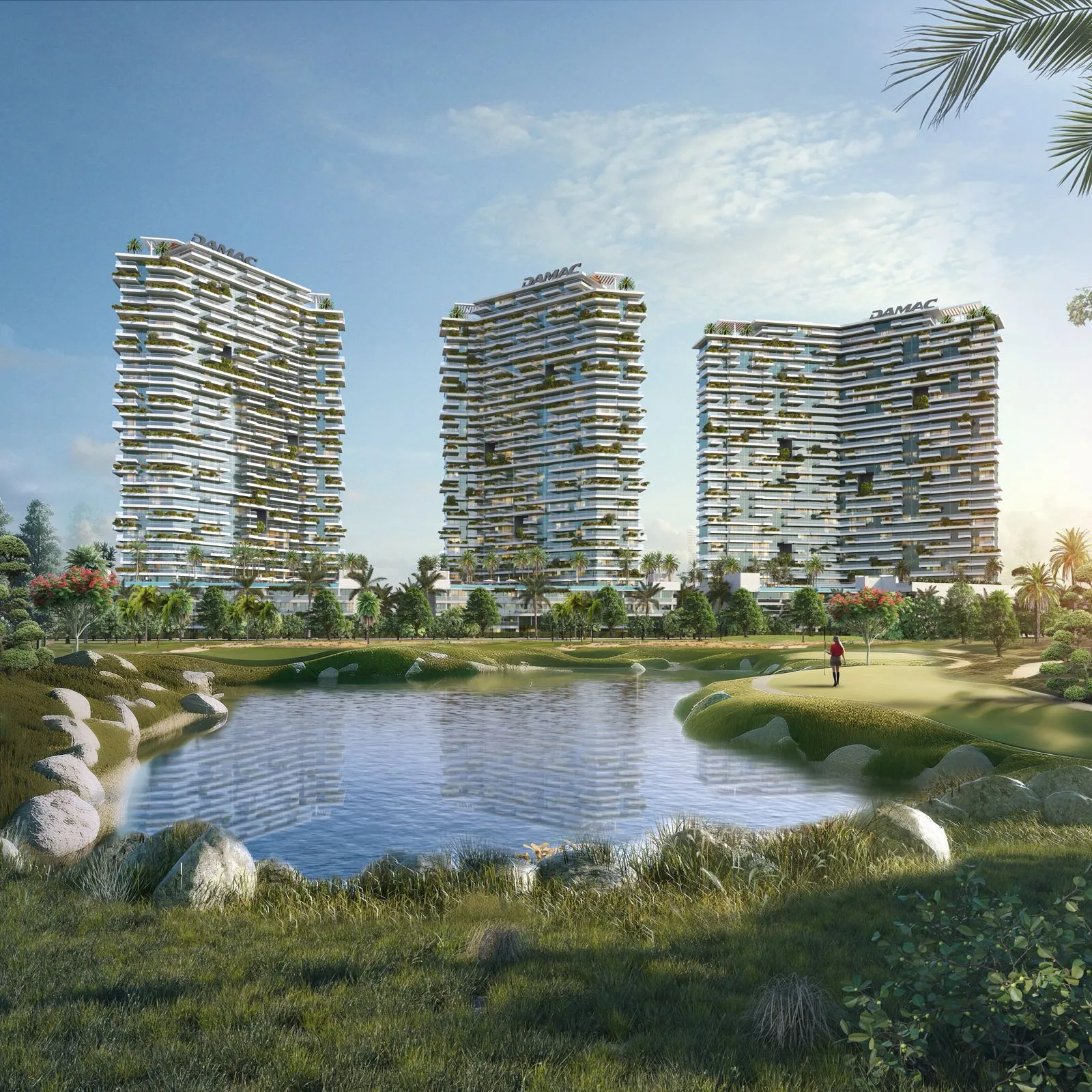 Golf Greens — three DAMAC towers seen from the golf course with lake