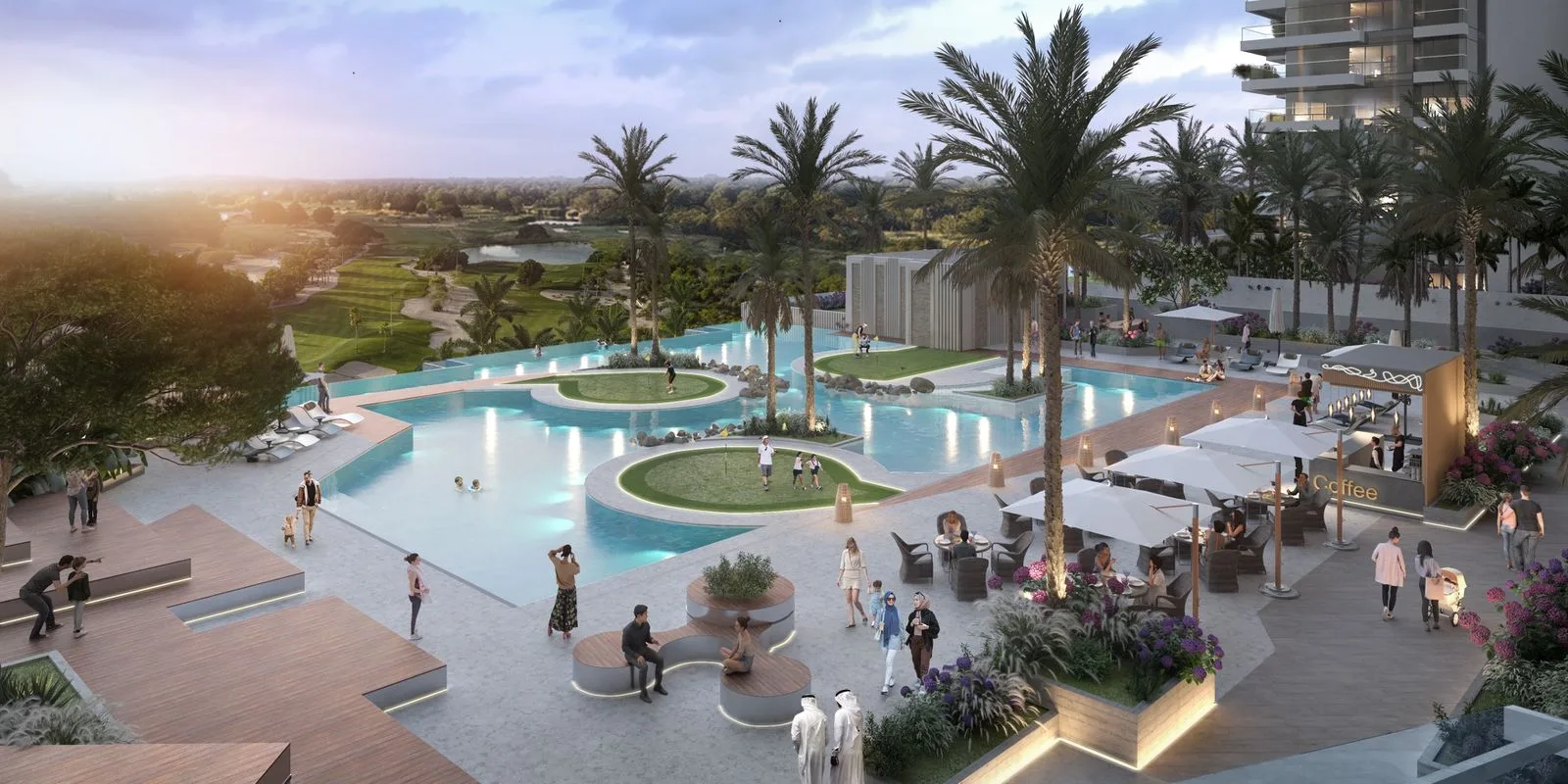 Golf Greens — pool area with café, sun loungers and golf course in the background
