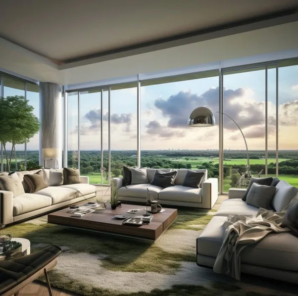 Golf Greens — living room interior with panoramic windows and greenery view