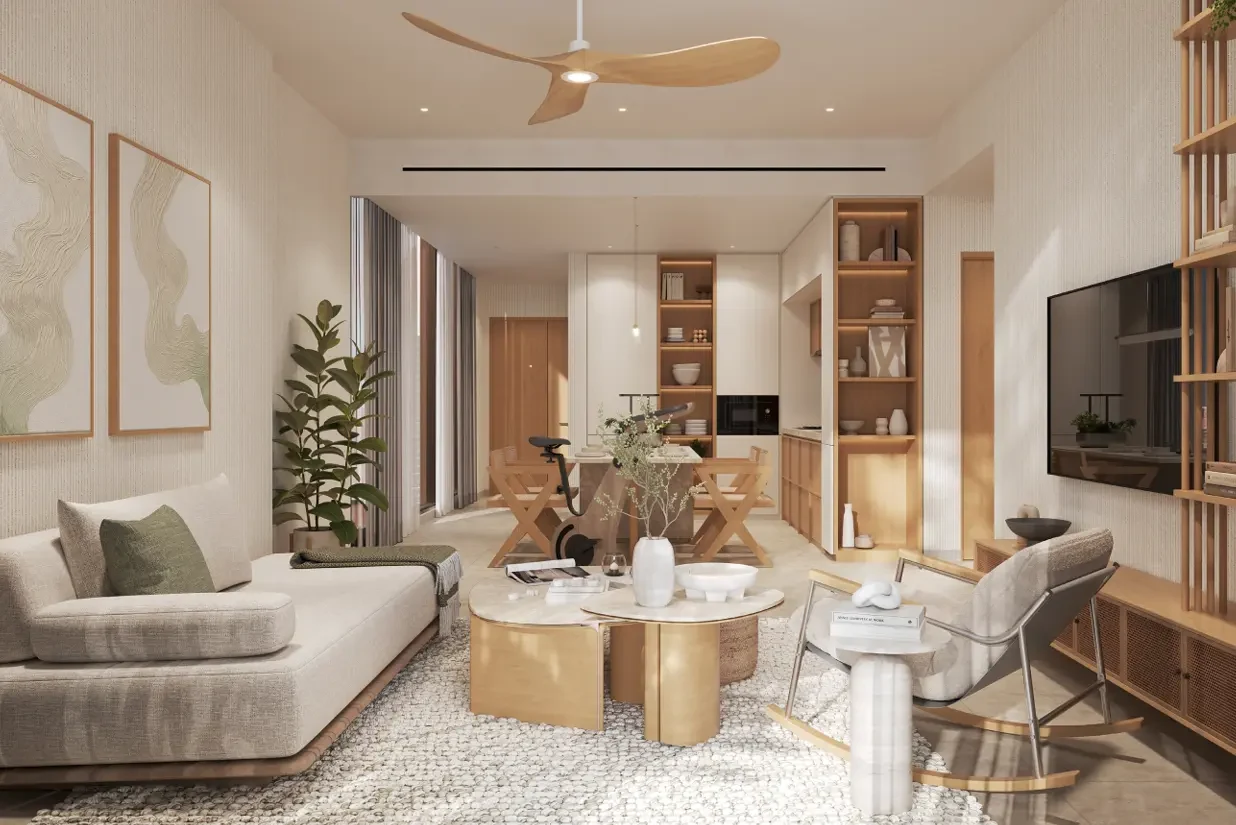 KORE by Imtiaz — bright living room with kitchen and dining area