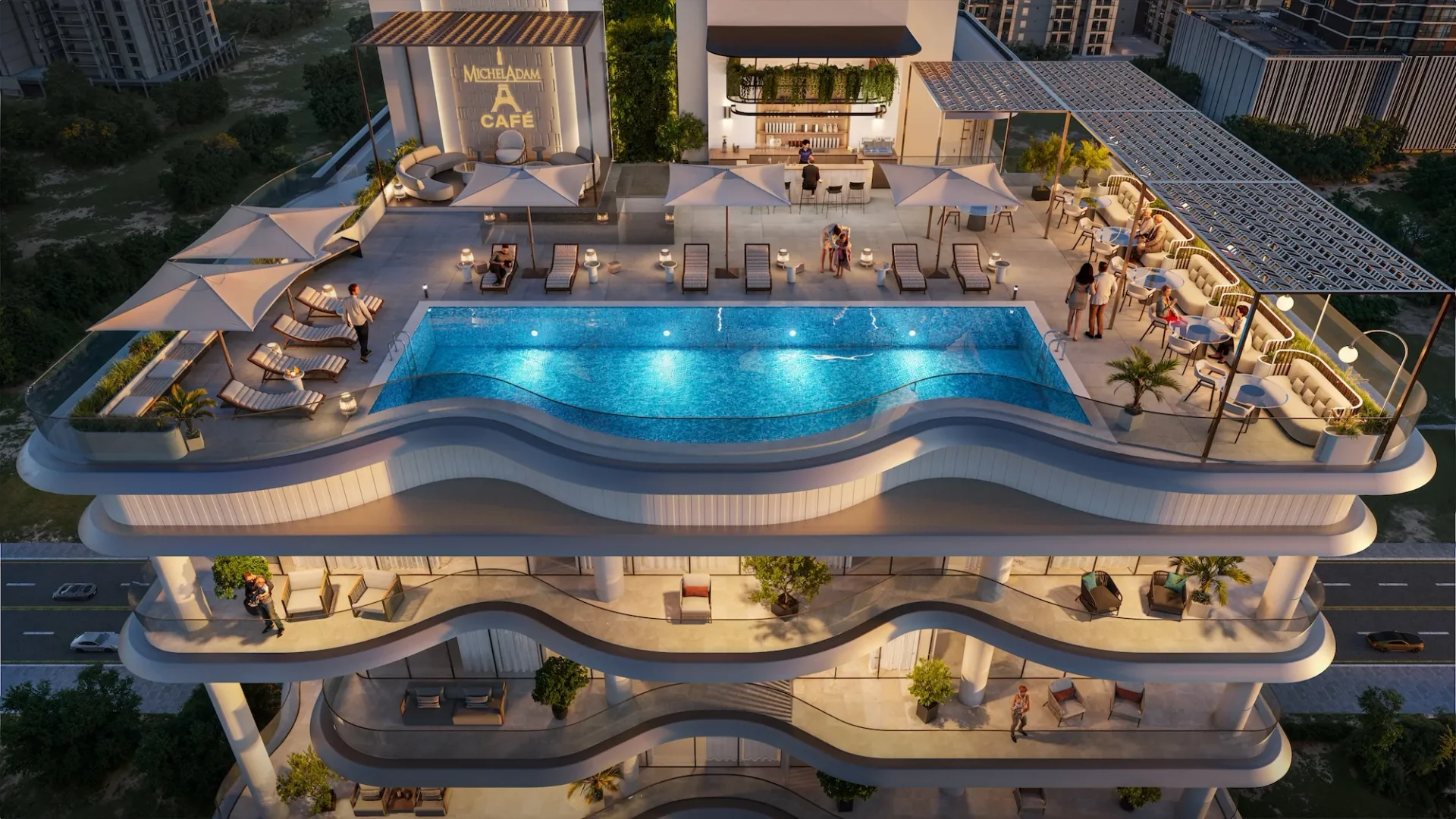 Orvessa by Michel Adam — aerial view of pool deck and Michel Adam Café