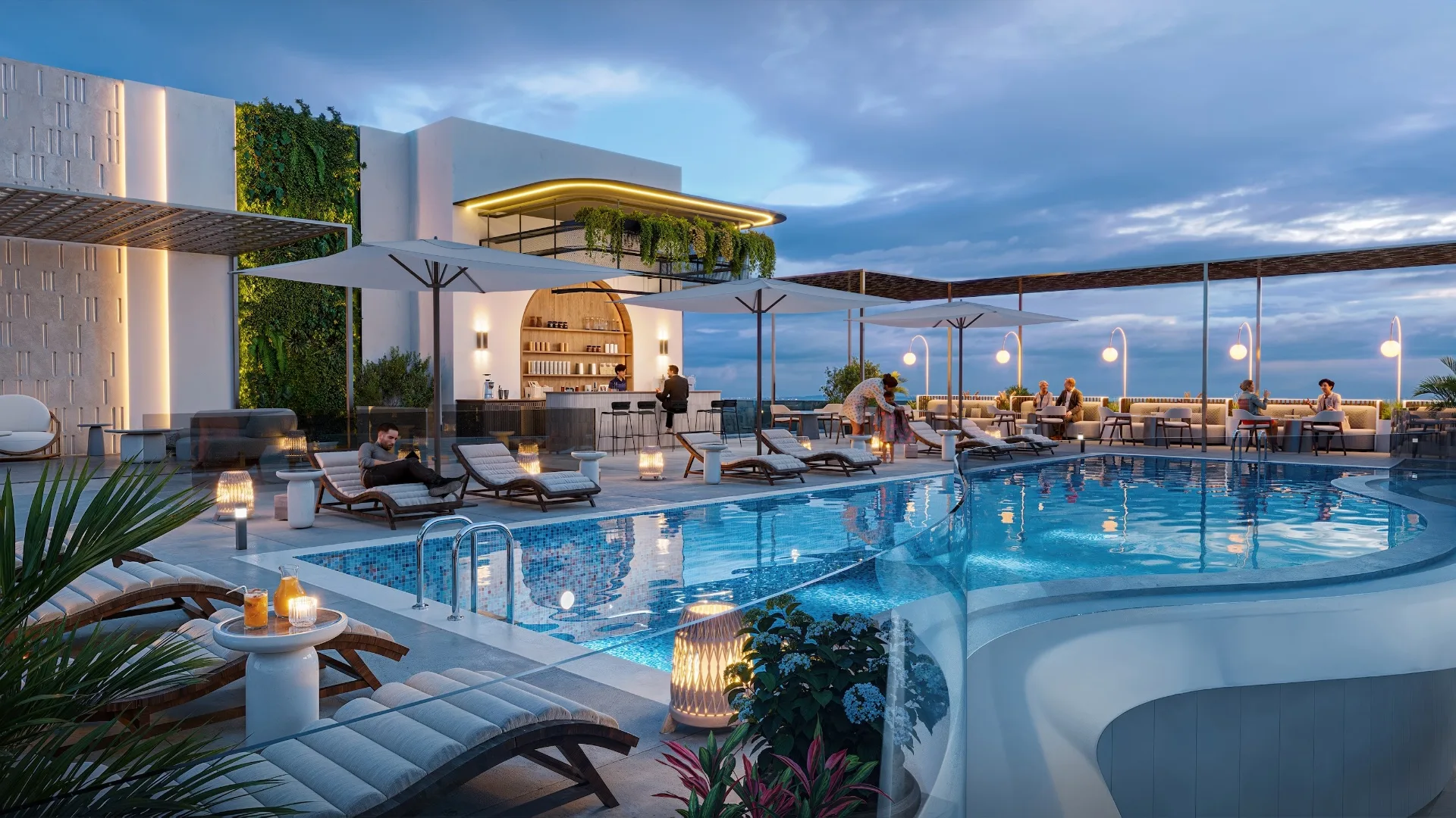Orvessa by Michel Adam — pool deck and lounge bar at dusk