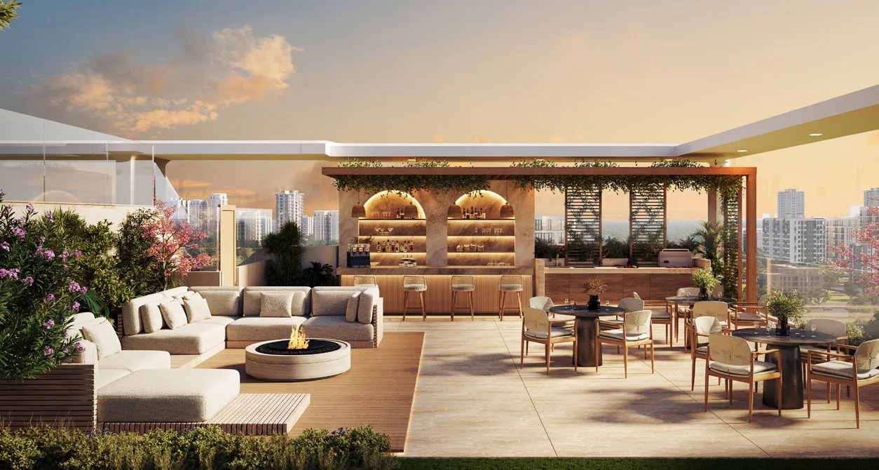 RIVO by Grovy — rooftop dining area at sunset
