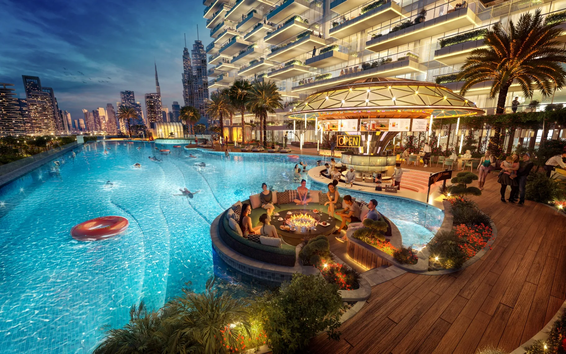 Pool area with sunken seating around a fire feature and bar