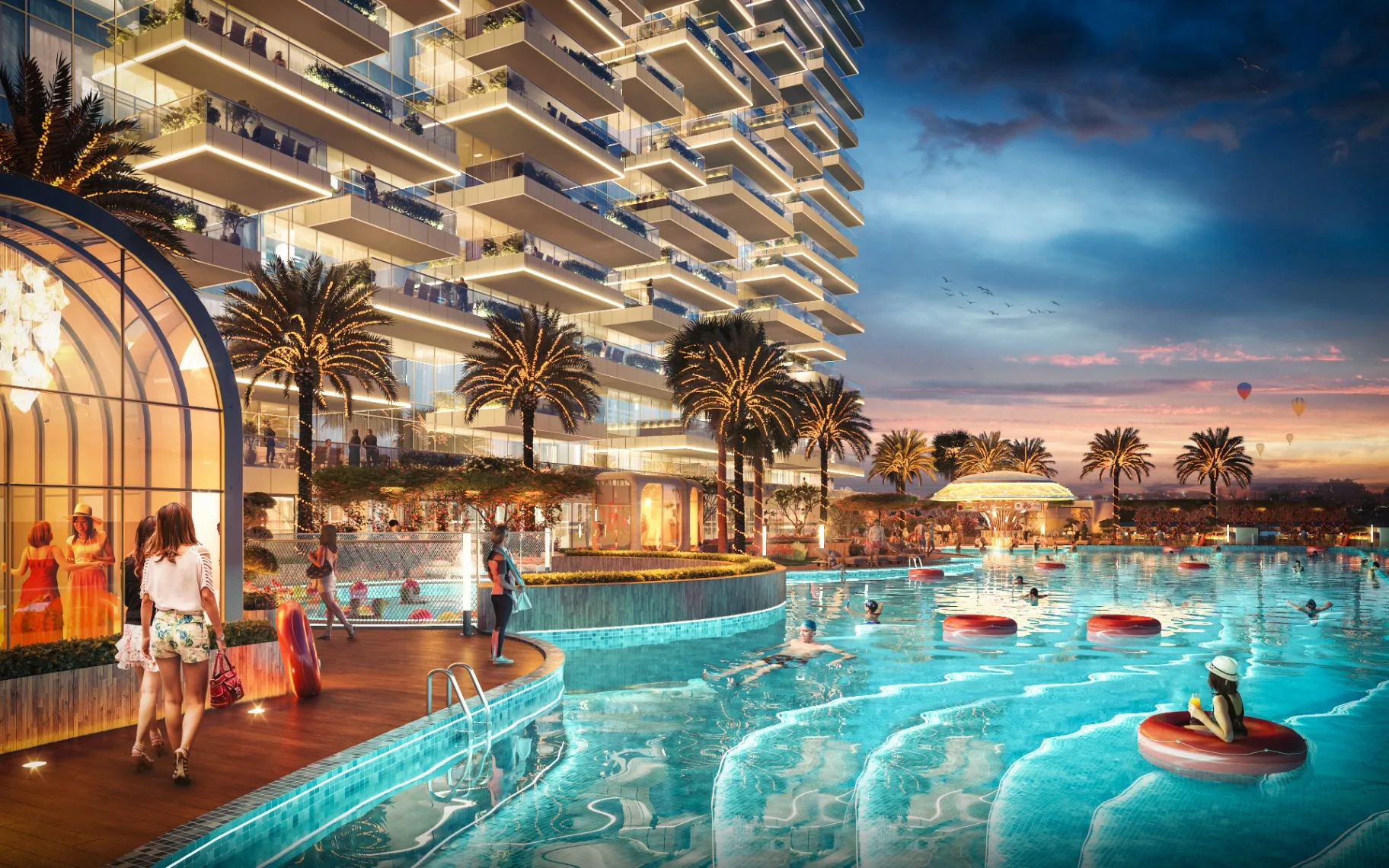 Pool with loungers and illuminated palm trees at sunset