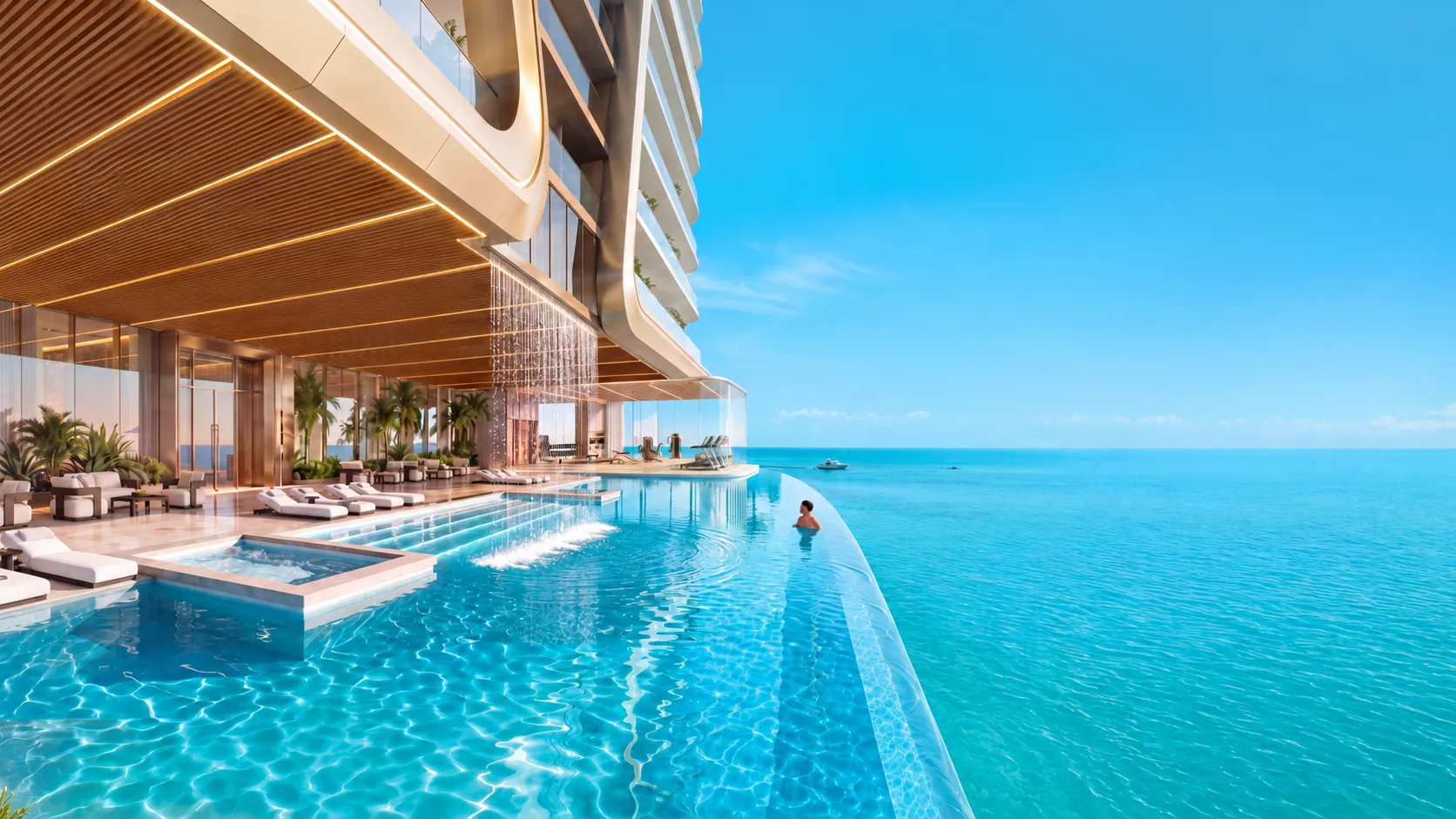 Shahrukhz Residences by Danube — pool deck with sea views