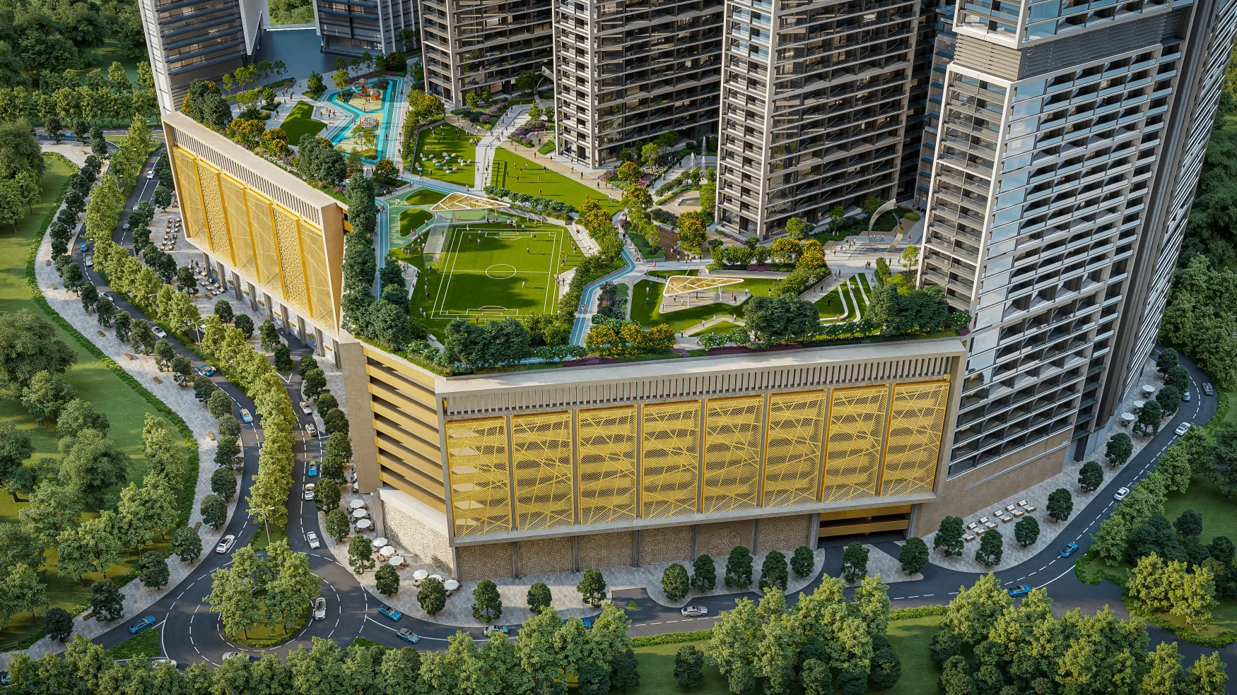 Sobha Central — podium with green areas and amenities