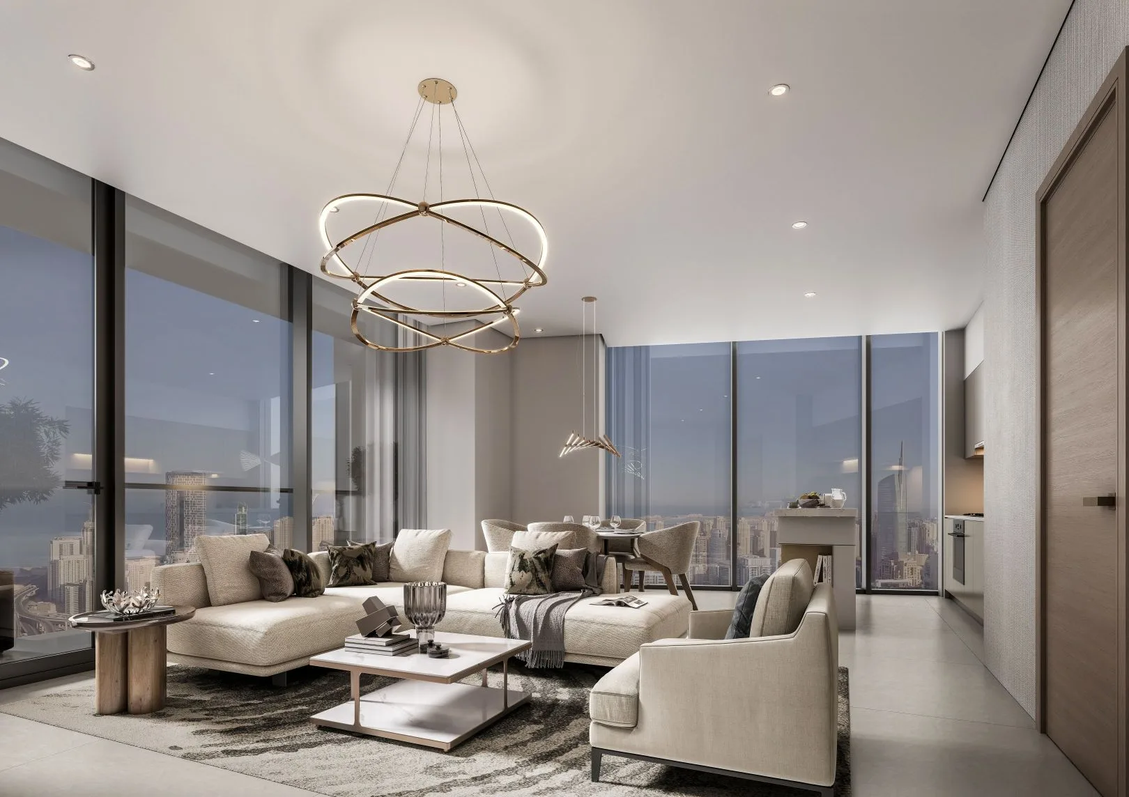 Sobha Central — spacious living room with Dubai skyline view