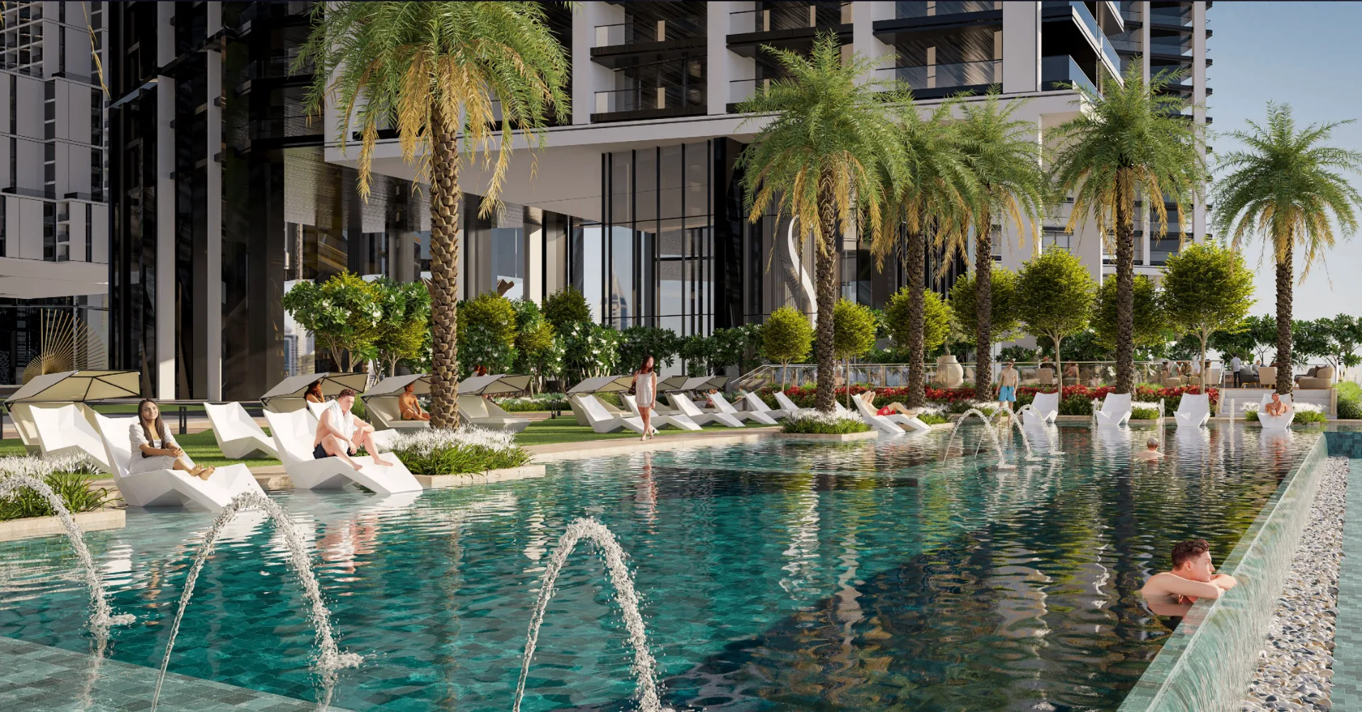 Sobha Central — luxury pool with palms and fountains
