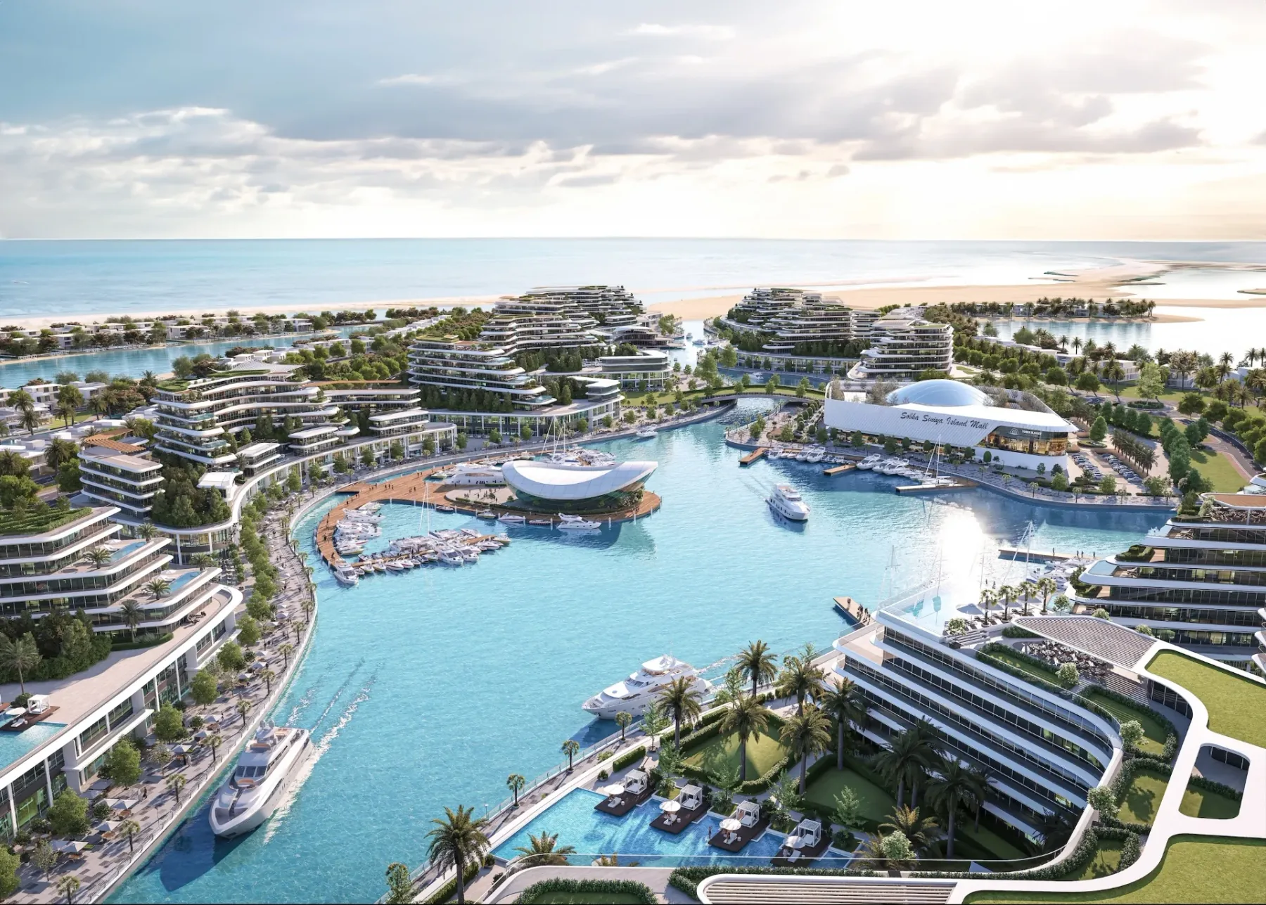 Sobha Siniya Island — widok z lotu ptaka na marinę i Sobha Siniya Island Mall