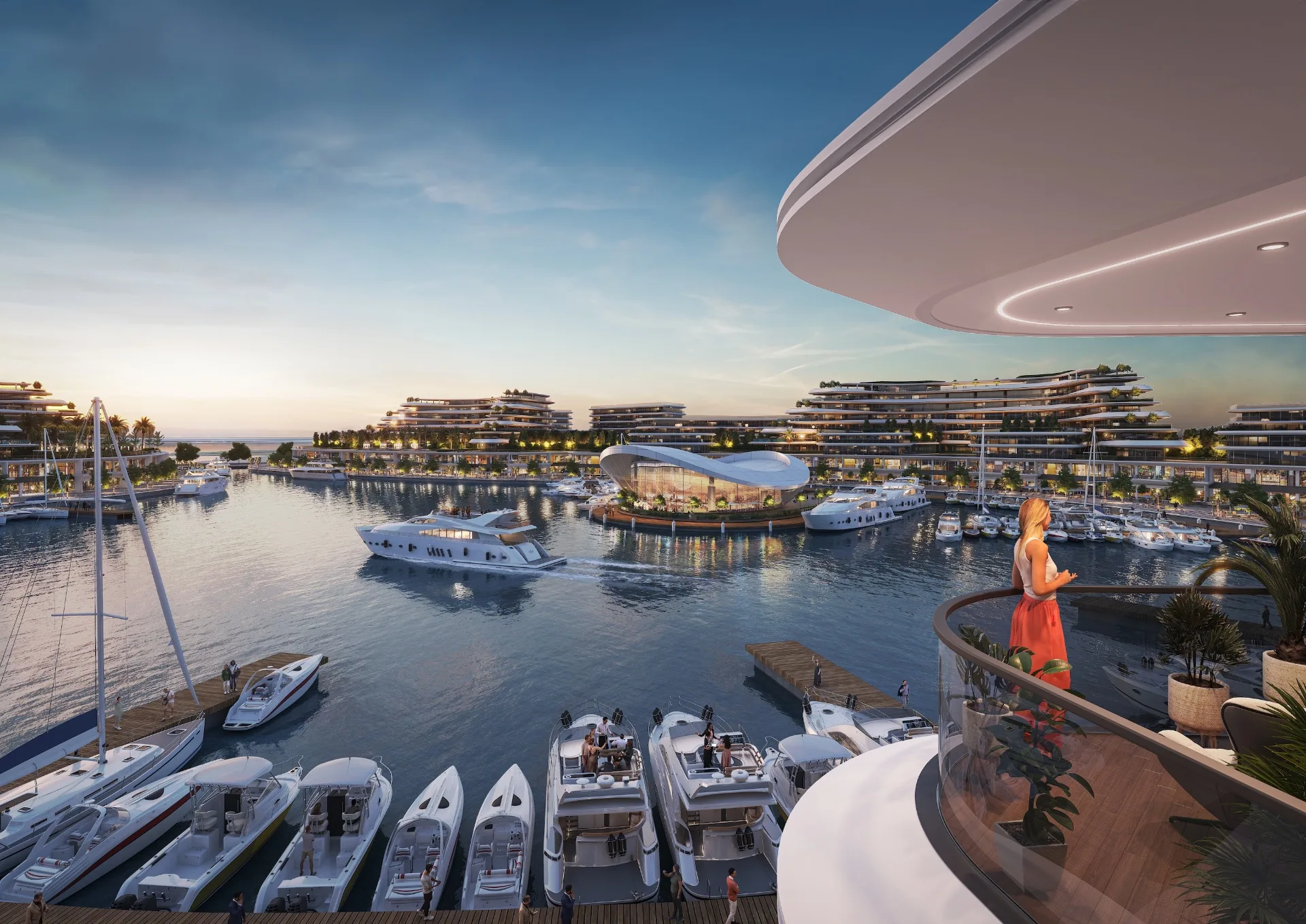 Sobha Siniya Island — marina with yachts at sunset, view from apartment