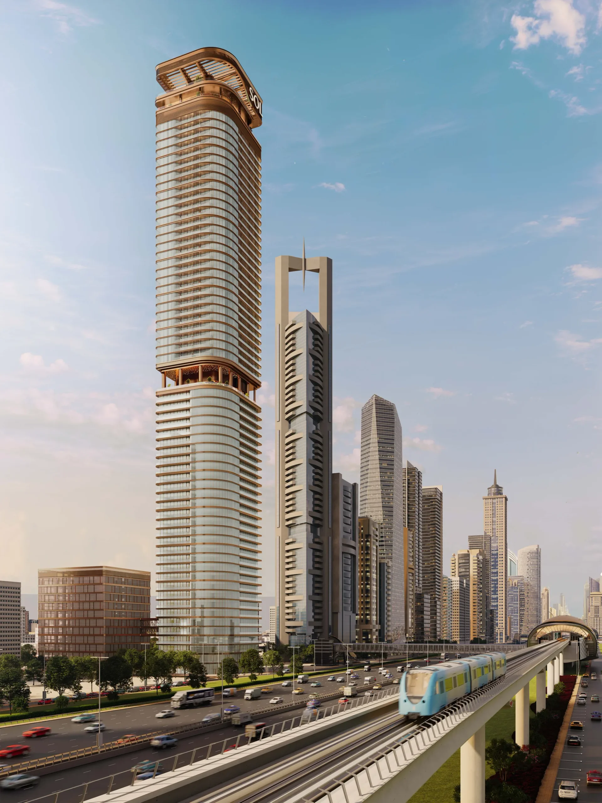 Wieża SOL Luxe nad Sheikh Zayed Road z metrem Dubai Metro