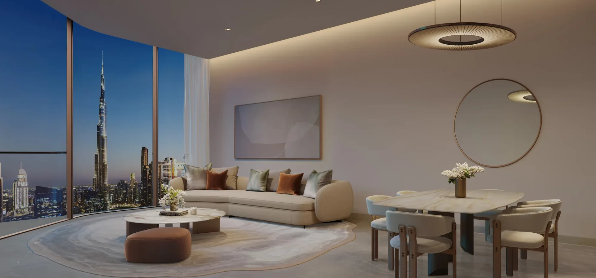 Salon apartamentu z panoramicznym oknem i widokiem na Burj Khalifa o zmierzchu