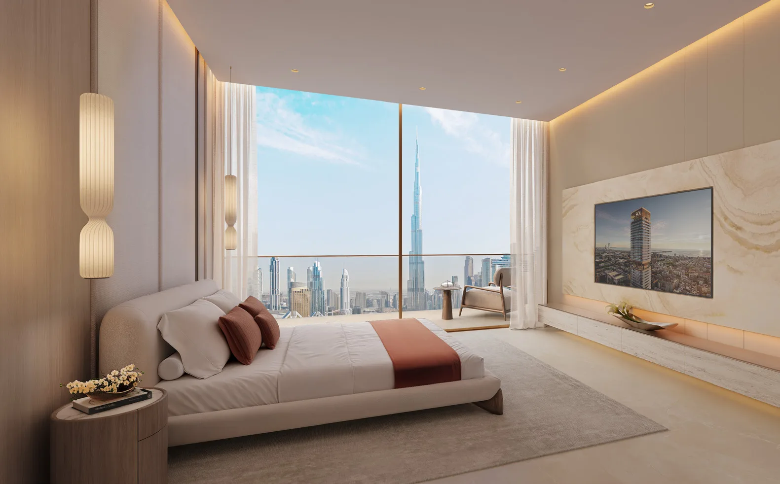 Sypialnia główna z widokiem na panoramę Downtown Dubai i Burj Khalifa
