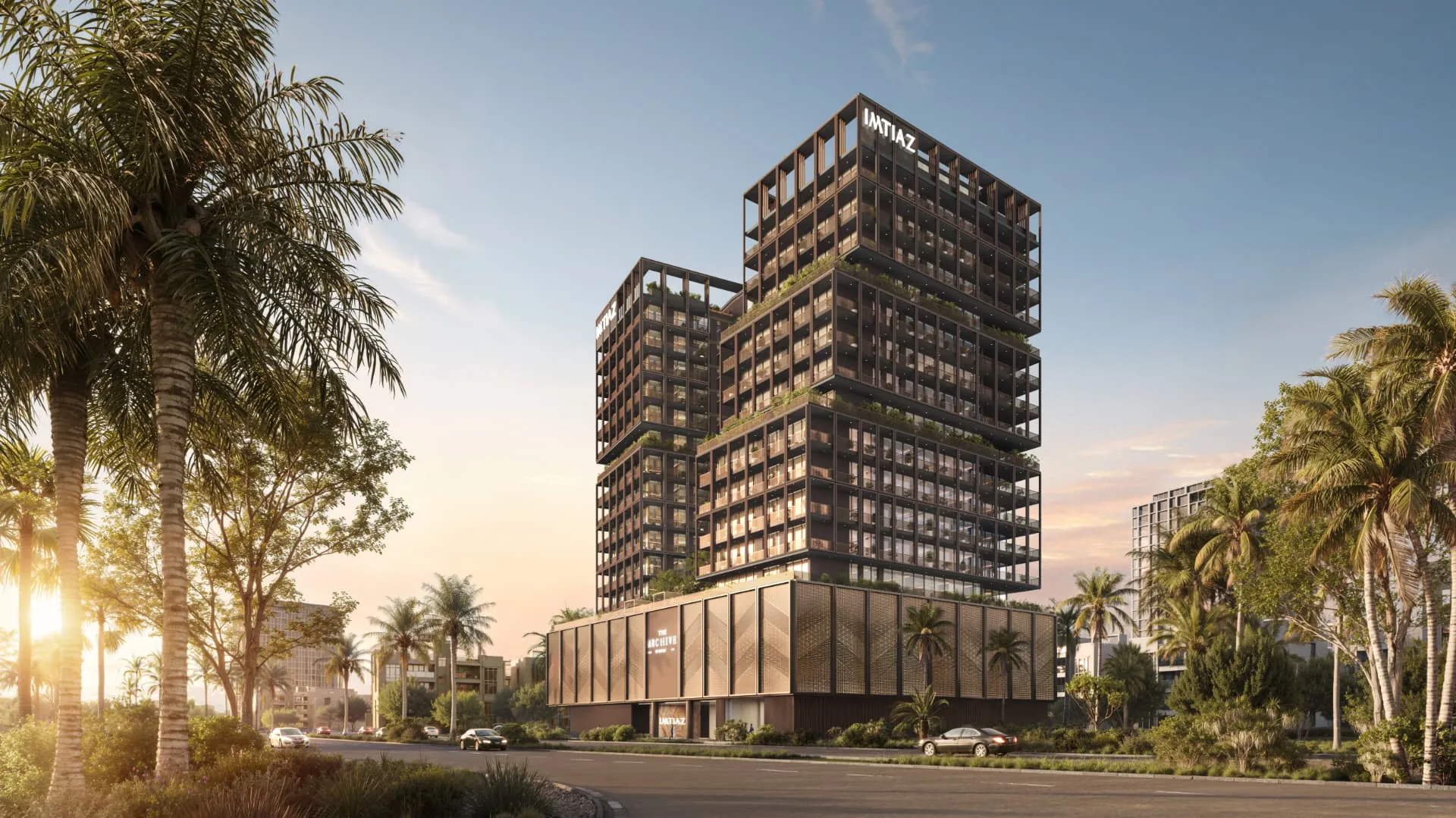 The Archive by Imtiaz — 17-storey residential building in DubaiLand Residence Complex surrounded by palm trees