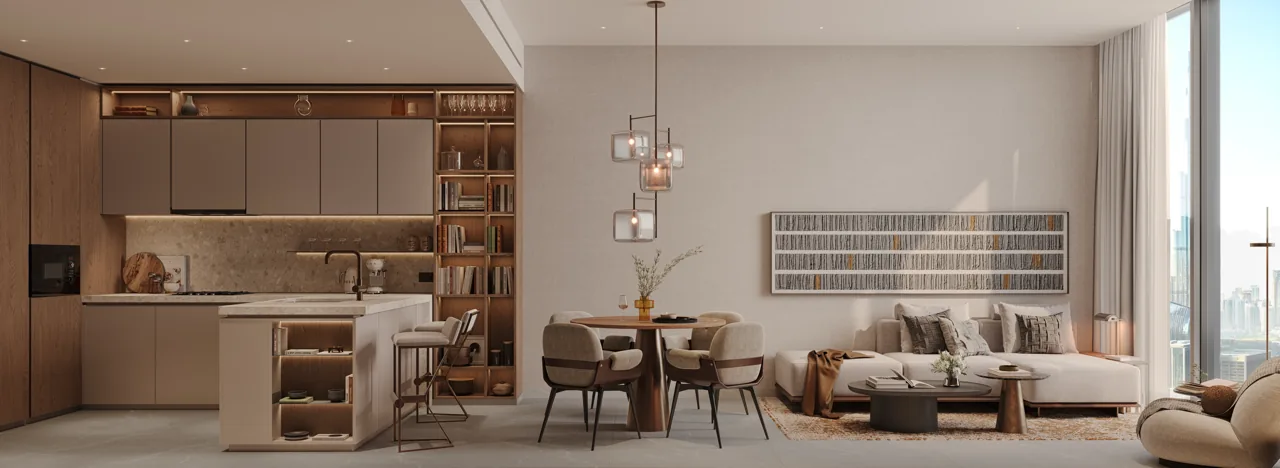 The Archive by Imtiaz — open-plan living, kitchen and dining area in a furnished one-bedroom apartment