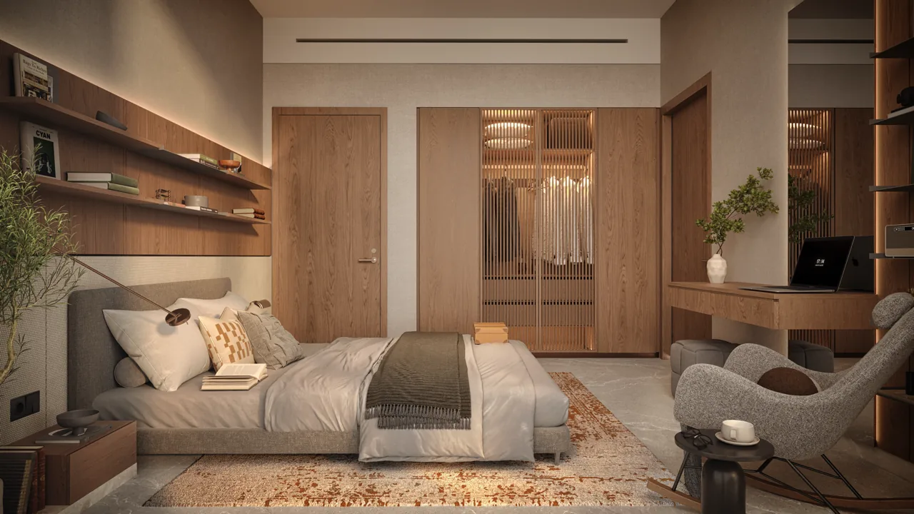 The Archive by Imtiaz — one-bedroom apartment bedroom with walk-in wardrobe and work desk