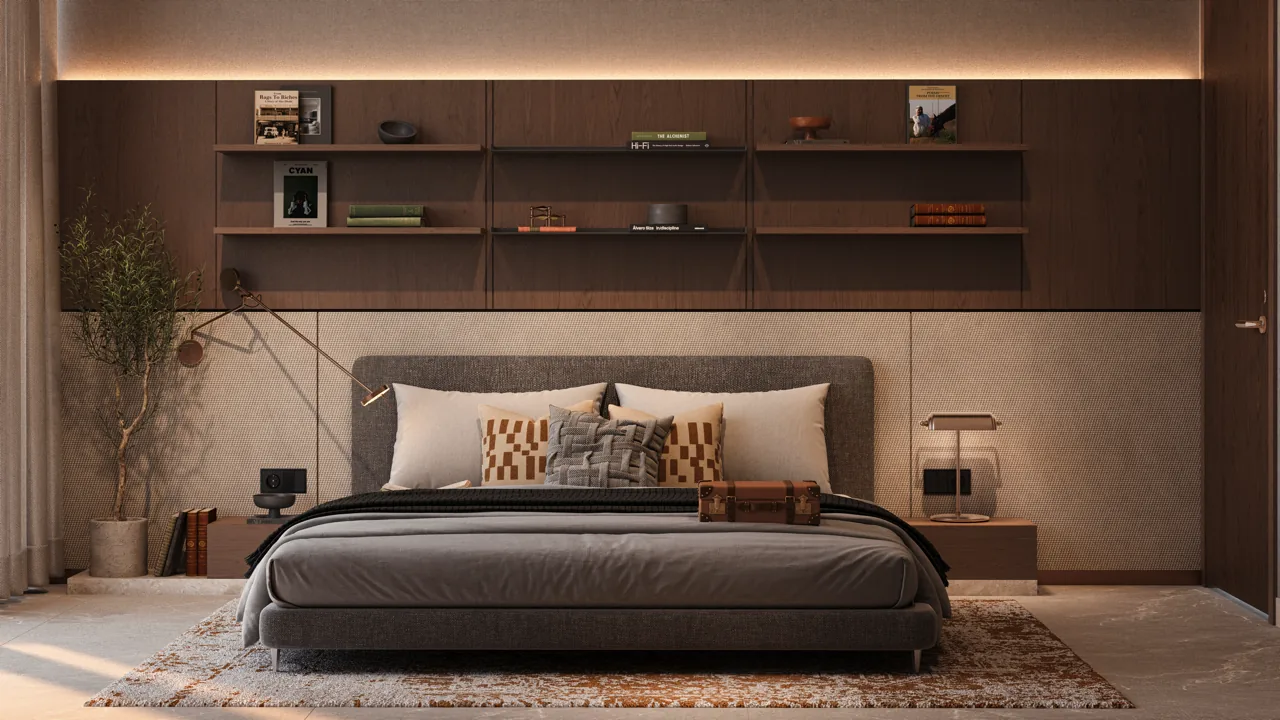 The Archive by Imtiaz — bedroom with wooden bookshelves and warm ambient lighting