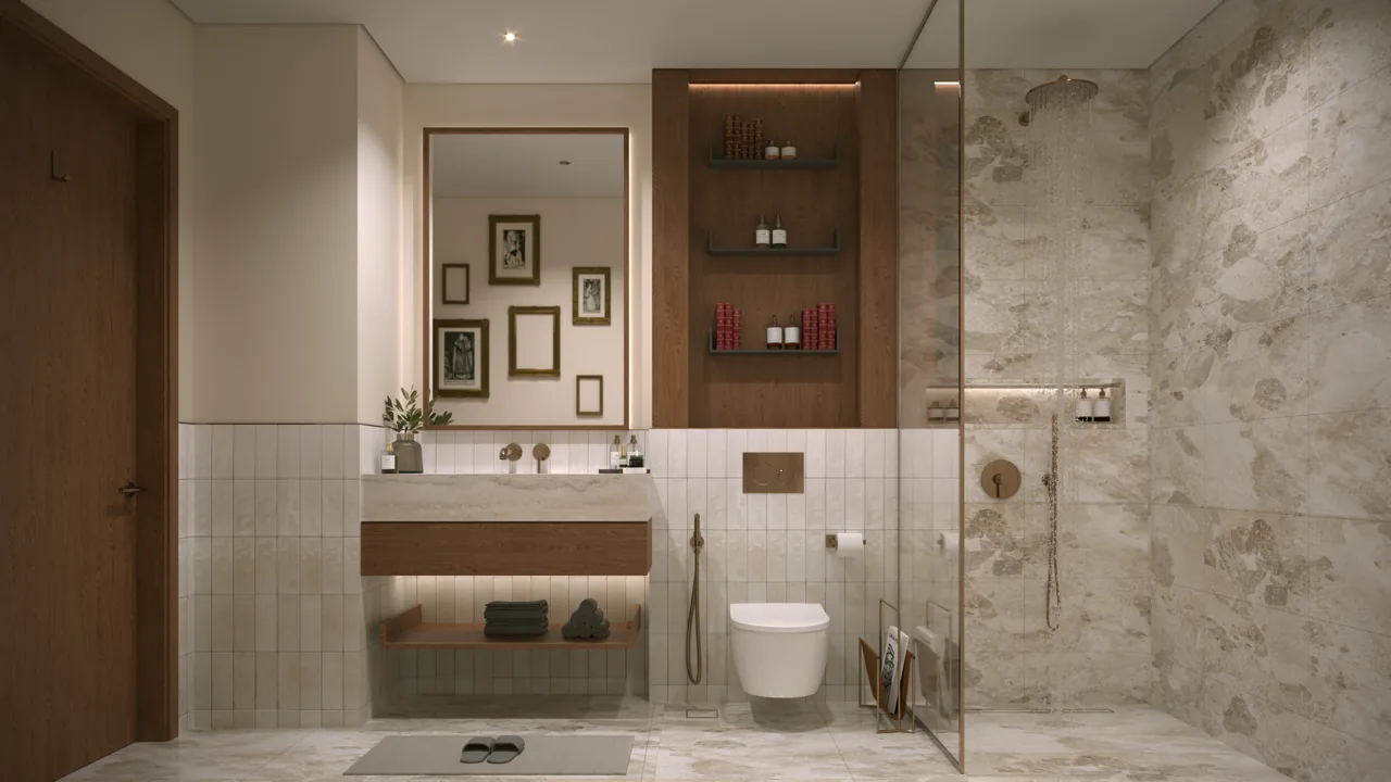 The Archive by Imtiaz — bathroom with walk-in shower and stone and wood finishes